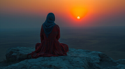 In the quiet of dawn, a lone figure kneels in prayer, their silhouette outlined against the soft light of morning. As the sun rises, casting a warm glow over the landscape, the air
