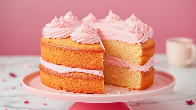 Generosa fatia de bolo de fubá de milho com cobertura rosa, servida em uma bandeja rosa e decorada com frutas vermelhas. Um deleite saboroso e visualmente encantador