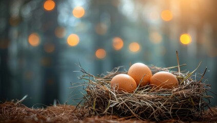 Brown chicken eggs in nest on forest floor with blurred lights, representing natural organic food, Easter, or new beginnings - Powered by Adobe