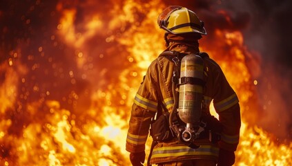 Firefighter battling intense blaze, heroic efforts to control raging inferno. Bravery and dedication of first responders in action against dangerous fire emergency - obrazy, fototapety, plakaty