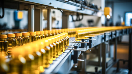 Naklejka premium Sunflower oil in the bottle moving on conveyor belt-type line. Sunflower oil production factory. 