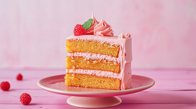 Generosa fatia de bolo de fubá de milho com cobertura rosa, servida em uma bandeja rosa e decorada com frutas vermelhas. Um deleite saboroso e visualmente encantador