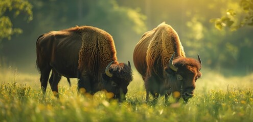 Two buffalo are peacefully grazing in a field of tall green grass under a clear blue sky - obrazy, fototapety, plakaty