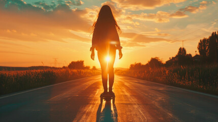 The silhouette of a young woman riding a skateboard on the road, the bright light of the sun. - obrazy, fototapety, plakaty