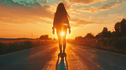Foto op Plexiglas The silhouette of a young woman riding a skateboard on the road, the bright light of the sun. © Нина Башарова