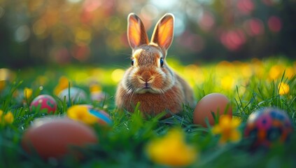 Fototapeta na wymiar Easter bunny rabbit surrounded by colorful eggs in blooming meadow. Spring holiday celebration with cute furry animal in vibrant flower field.