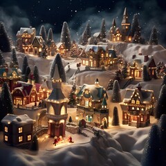 Christmas village with houses and trees in the snow. 3d illustration