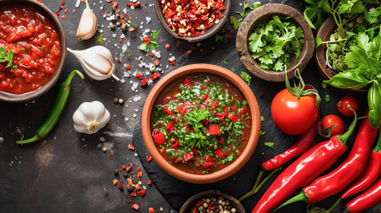 Prato de chili mexicano, uma delícia visualmente impactante, composto por uma variedade de ingredientes onde o destaque é a pimenta - obrazy, fototapety, plakaty