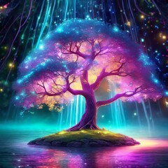 neon lights illuminating a tree, blending natural beauty with modern flair in a captivating visual