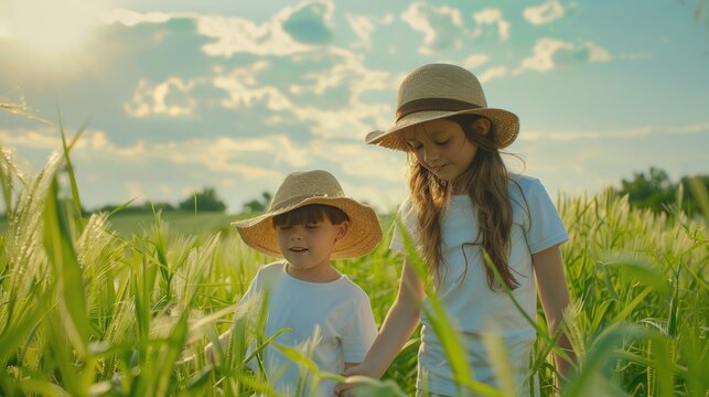 a girl and boy in hats, dressed in white t-shirts, enjoying the serenity of a green field, where their playful spirits intertwine with the beauty of nature.