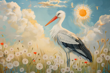 white stork standing in the summer meadow with daisies and poppies and sun shining in the sky.  - obrazy, fototapety, plakaty