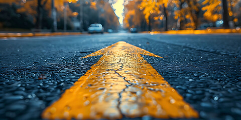 Yellow painted arrow on asphalt on street, start, continue - obrazy, fototapety, plakaty