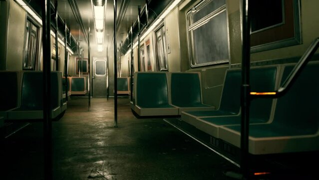 An image depicting a dimly lit subway car with no passengers occupying the seats.