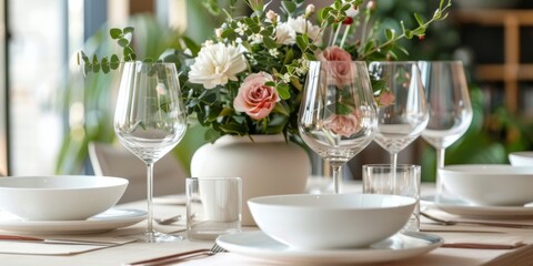 Fototapeta premium A table elegantly set for a formal dinner, featuring a vase with beautiful flowers