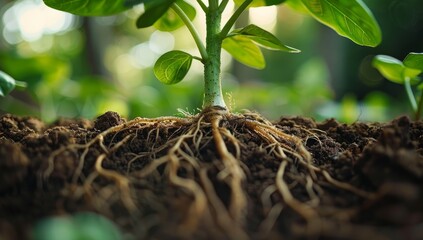 Seedling Growth, Roots and Leaves Emerging from Fertile Soil, Symbolizing New Life and Sustainability