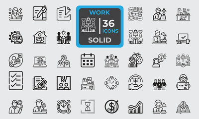 36 Solid Icons for Work set in fill style. Excellent icons collection. Vector illustration. 