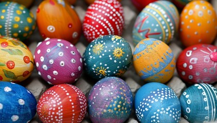 Fototapeta na wymiar Vibrant collection of hand painted Easter eggs with intricate designs and patterns