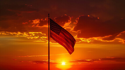 A dramatic sunset behind the American flag on the 4th of July symbolizing freedom. - obrazy, fototapety, plakaty
