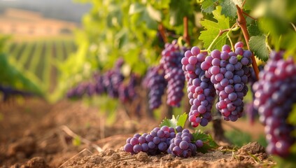 Ripe Purple Grapes Hanging on Vine in Vineyard