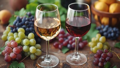 Wine Tasting Experience with Assorted Grapes and Glasses of Red and White Wine. Concept of Winery, Vineyard, and Gourmet Indulgence