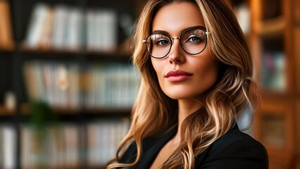 A female blond Caucasian lawyer wearing glasses with long hair standing in her modern law office
