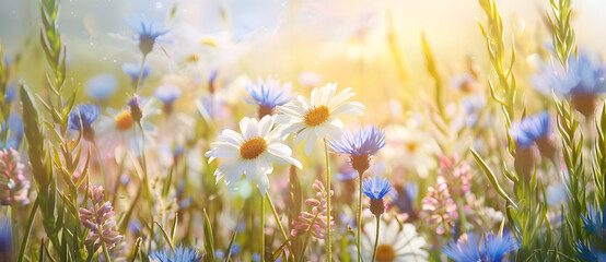 Beautiful wild flowers chamomile, purple wild peas, butterfly in morning haze in nature close-up macro. Landscape wide format, copy space, cool blue tones. Delightful pastoral airy artistic image. - obrazy, fototapety, plakaty