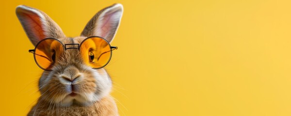 Bunny wearing funny glasses on yellow background. Humorous rabbit portrait with copy space. - obrazy, fototapety, plakaty
