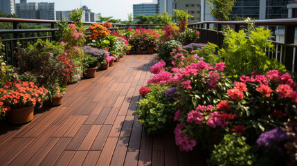 Urban Oasis, Lush Terrace Garden with Vibrant Blooms Against City Backdrop