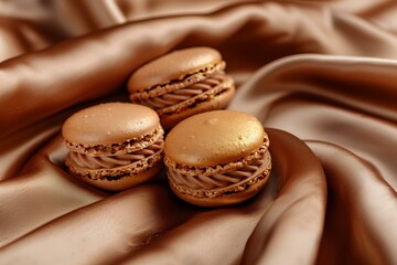 delicious chocolate flavor macaroons on a brown silk fabric, luxury treats