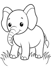Naklejka premium Cute Baby Elephant Cartoon Outline Standing on Grass - Coloring Page Vector Illustration