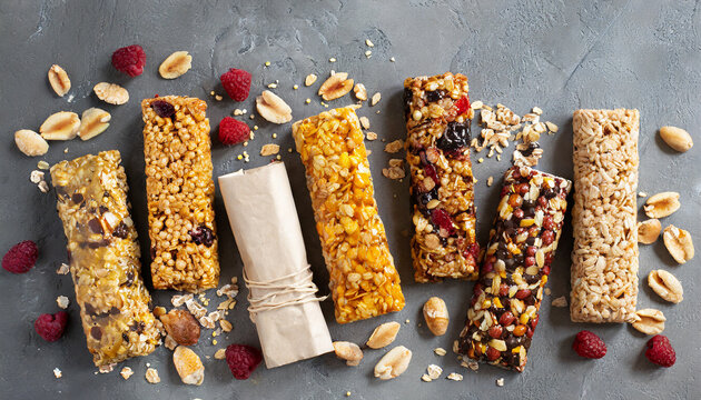 Close-up of various granola bars on gray table. Cereal granola bars. Delicious snack. Top view.