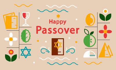Passover greeting card in minimalistic style. Jewish holiday. Passover template for your design with matzah, wine bottle, glass, torah. Vector illustration