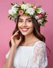 woman in white dress smiling with flowers wreath