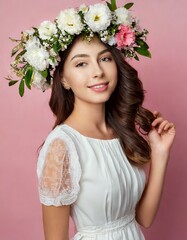 woman in white dress smiling with flowers wreath