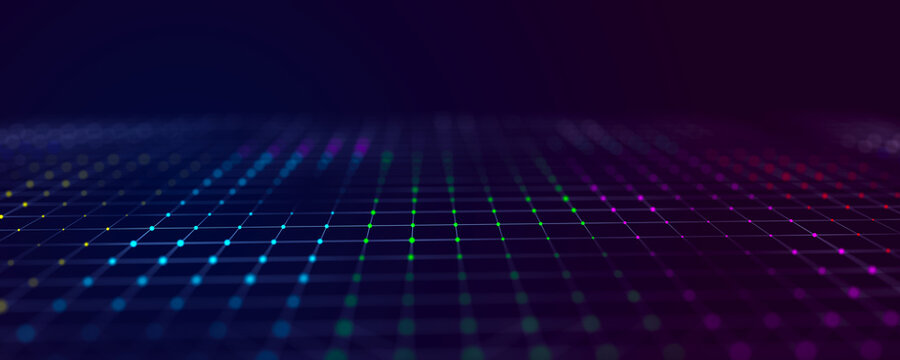 Digital background with musical glowing particles. Big data visualization. 3d rendering.