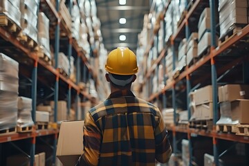 A male worker in a hard hat carrying boxes in a bustling warehouse full of shelves. Concept Warehouse Worker, Hard Hat, Carrying Boxes, Busy Warehouse, Industrial Environment