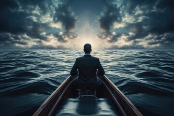 alone businessman in a boat