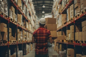 A male worker in a hard hat carrying boxes in a busy warehouse full of shelves. Concept Warehouse Worker, Hard Hat, Boxes, Industrial Setting, Busy Environment