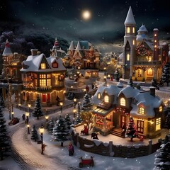Christmas and New Year miniature village with houses and trees. 3d rendering