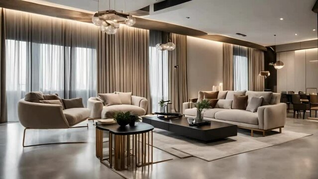 Minimalist home interior luxury house interior with corner sofa and long table