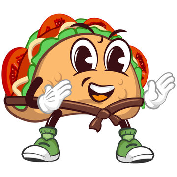 cute taco mascot character emoticon practicing martial arts wearing a belt, crowned and carrying a magic wand, cute taco mascot