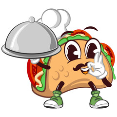 cute taco mascot character emoticon waiter serving dish in lit, isolated cartoon vector illustration. emoticon, cute taco mascot