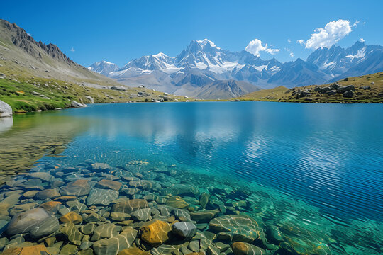 Amazing landscape of mountain lake with clear water as you can see the rocks and hills with green spring grass