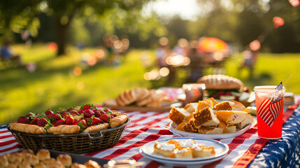 A family picnic on a sunny 4th of July with a spread of traditional American food. - obrazy, fototapety, plakaty