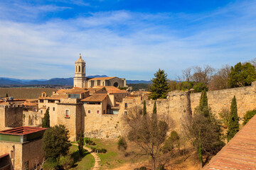 Fototapeta na wymiar Panoramic view of Girona viewed from the medieval city walls, Catalonia, Spain