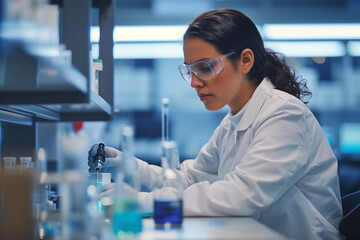 Female scientist concentrating on research in a modern laboratory, suitable for science and technology themes.