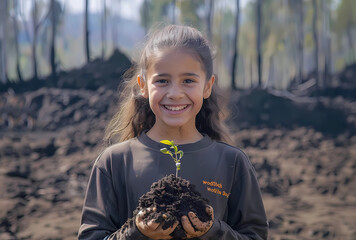 A young girl is smiling and holding soil with a plant seedling