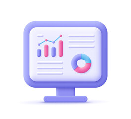 Computer display screen with diagram, charts and graph. Data analysis, dashboard SEO and business finance investment report. 3d vector icon. Cartoon minimal style.