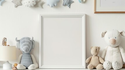 cozy corner: minimalist children's room with plush teddies and fabric star garland - obrazy, fototapety, plakaty