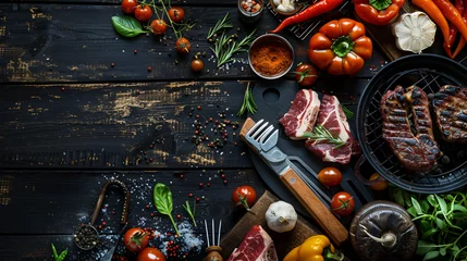 Fotobehang A festive summer BBQ flat lay with grilling tools various meats vegetables and spices on a dark wooden plank background. © Hans
